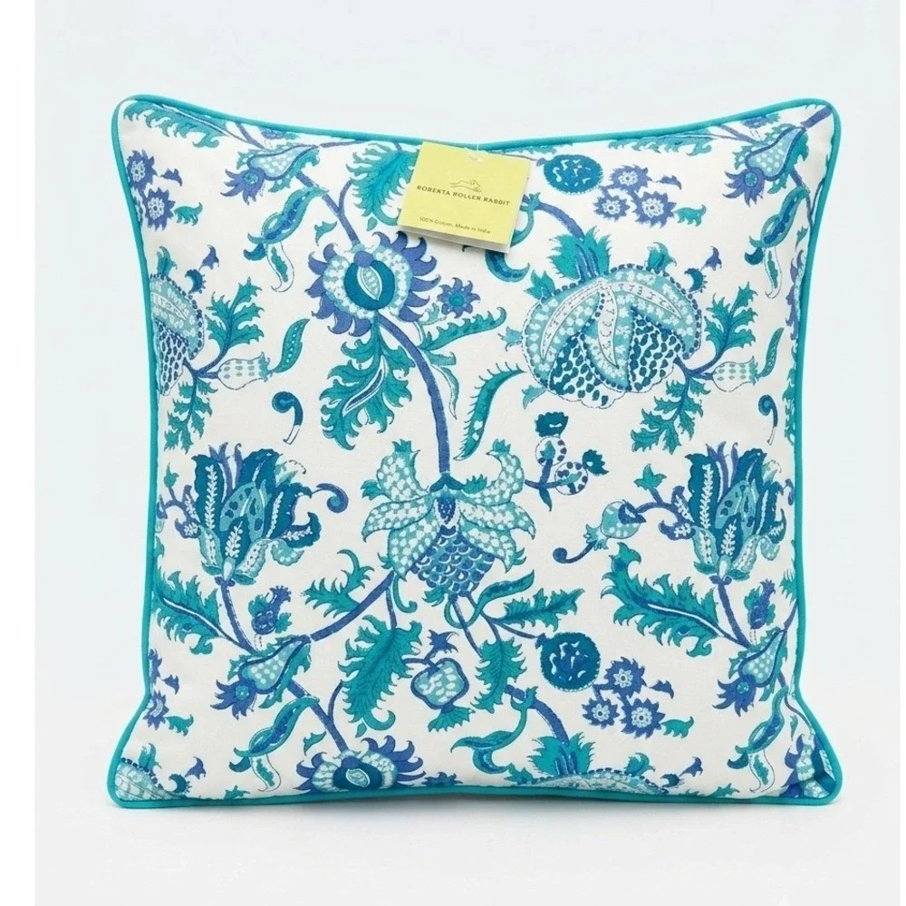 Roberta Roller Rabbit Amanda Pillow Sham Blue Green Floral Block Print 18x18 NEW